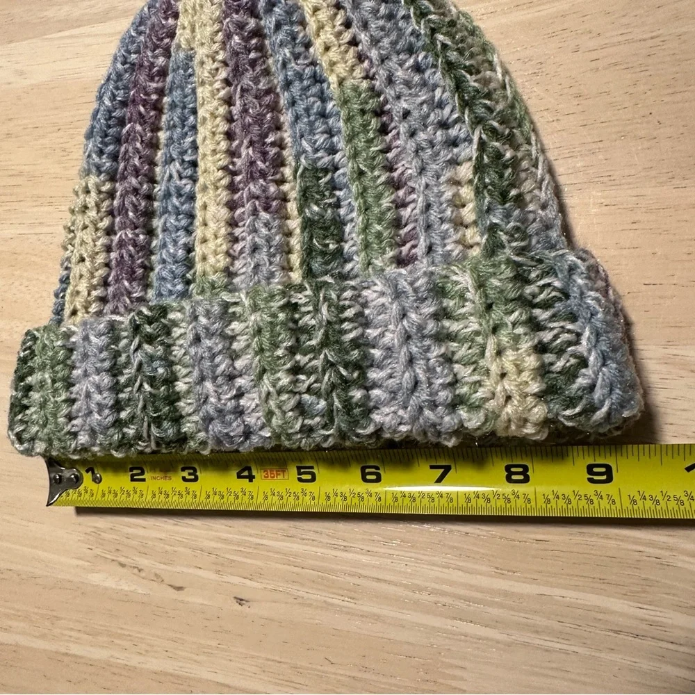 New Handmade Crochet Rib Beanie Fold over Hat Green Yellow Blue Purple Speckled - Picture 4 of 10